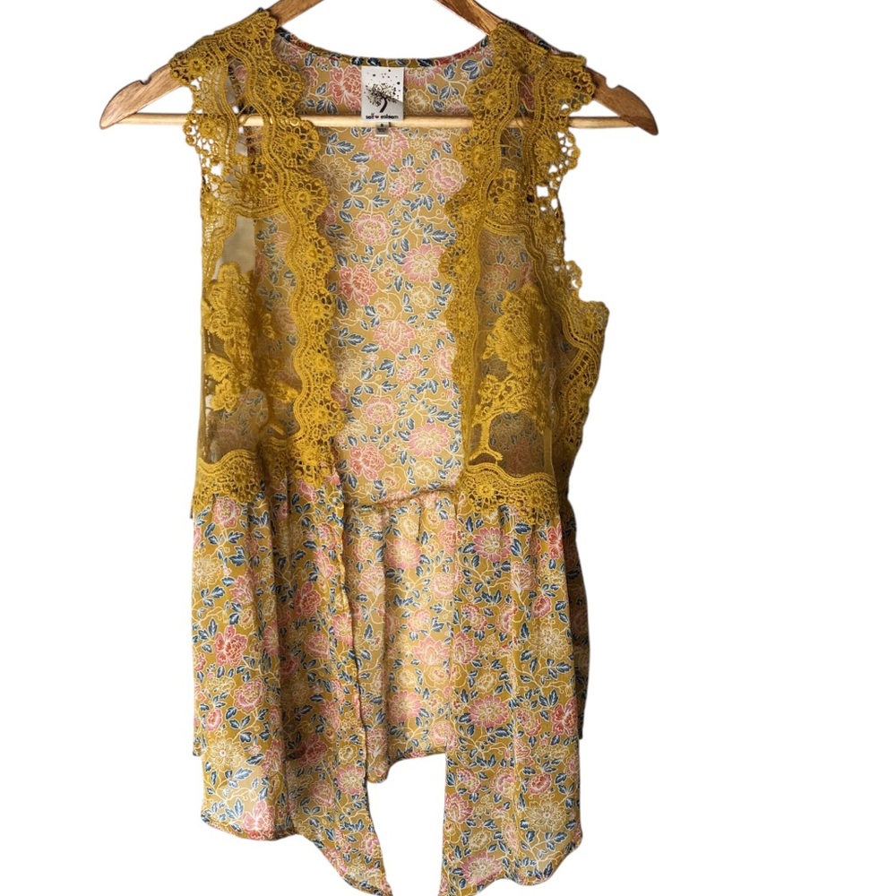 Self Esteem Boho Cottagecore Festival Vest Sz S Mustard Yellow Multicolor Floral